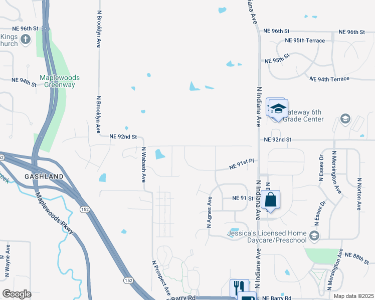 map of restaurants, bars, coffee shops, grocery stores, and more near 2801 Northeast 92nd Street in Kansas City