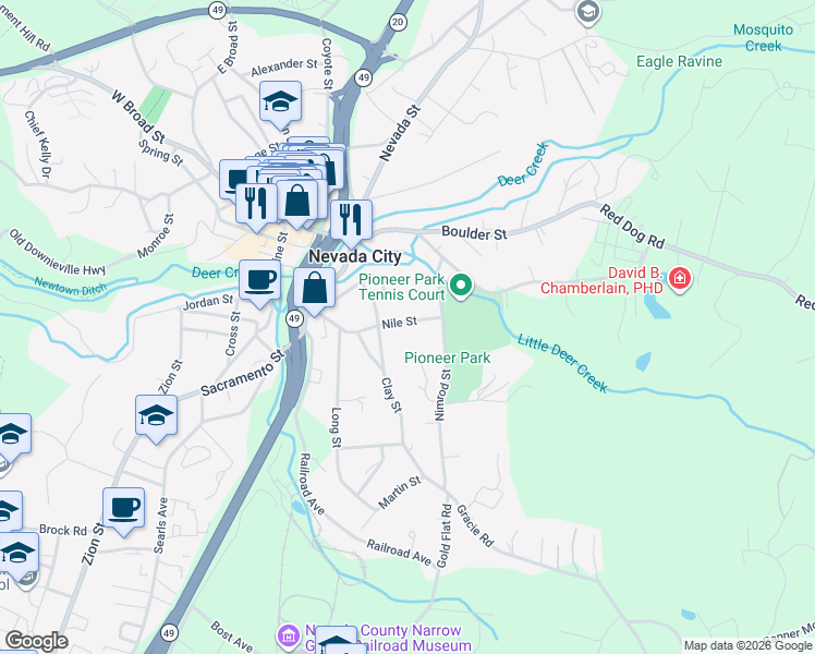 map of restaurants, bars, coffee shops, grocery stores, and more near 318 Nile Street in Nevada City