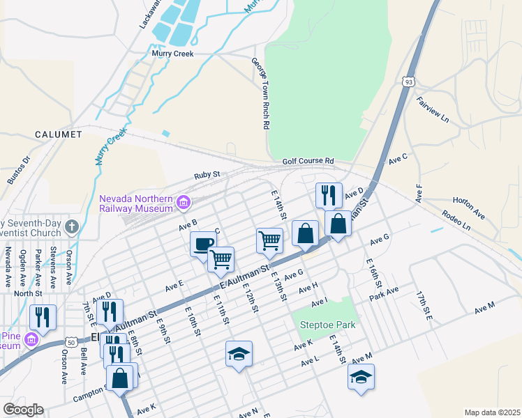 map of restaurants, bars, coffee shops, grocery stores, and more near 1325 Avenue C in Ely