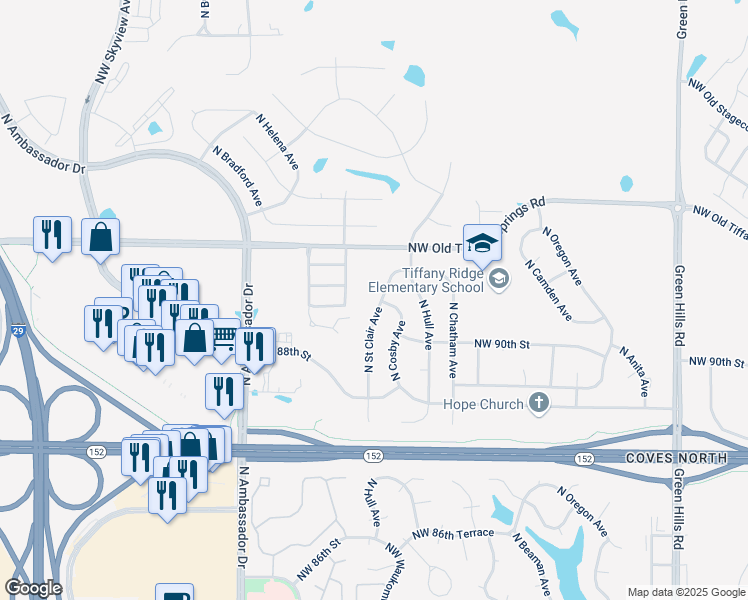 map of restaurants, bars, coffee shops, grocery stores, and more near 9022 North Saint Clair Avenue in Kansas City