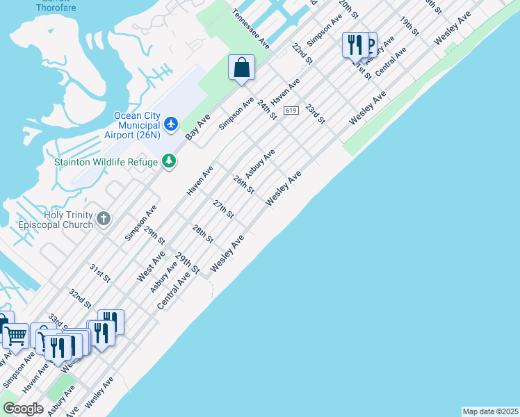 map of restaurants, bars, coffee shops, grocery stores, and more near 2622 Wesley Avenue in Ocean City