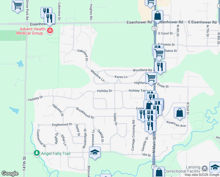 map of restaurants, bars, coffee shops, grocery stores, and more near 318 Holiday Drive in Lansing