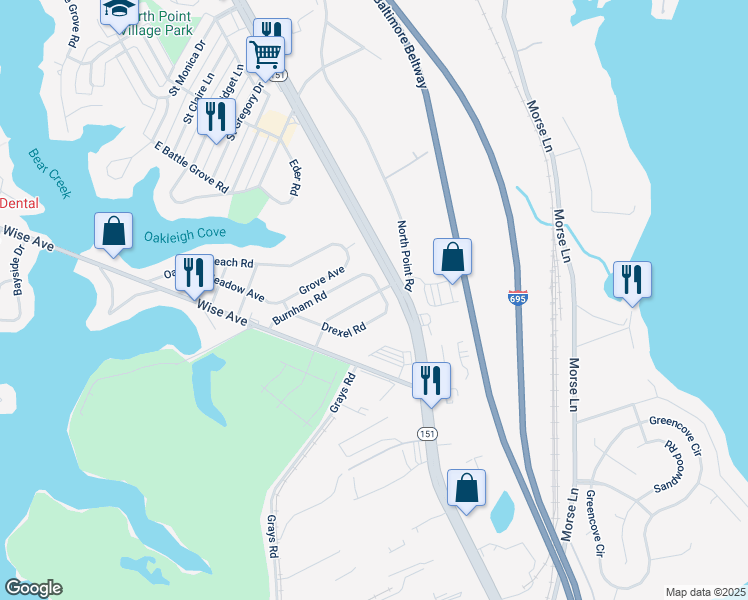 map of restaurants, bars, coffee shops, grocery stores, and more near 1703 Kirkland Road in Dundalk
