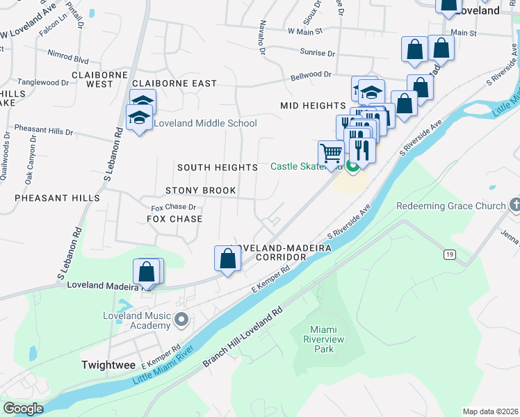 map of restaurants, bars, coffee shops, grocery stores, and more near 14 Highridge Drive in Loveland