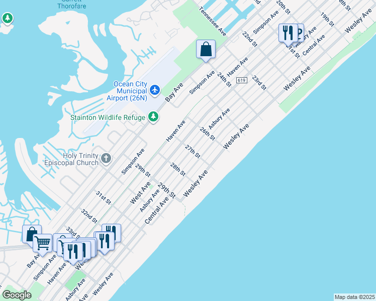 map of restaurants, bars, coffee shops, grocery stores, and more near 2700 Asbury Avenue in Ocean City