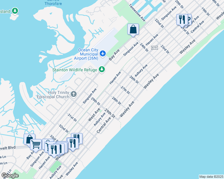 map of restaurants, bars, coffee shops, grocery stores, and more near 2736 West Avenue in Ocean City