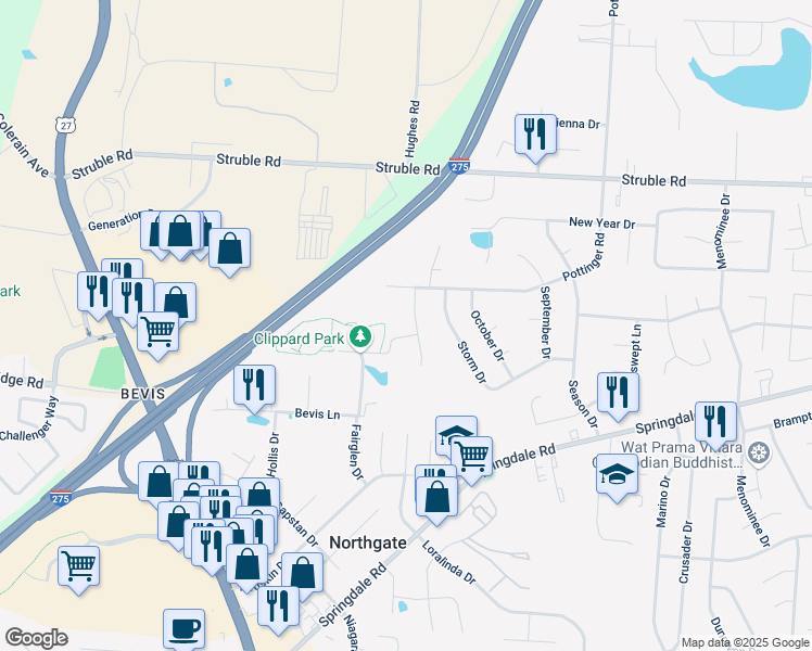 map of restaurants, bars, coffee shops, grocery stores, and more near 10259 Dewhill Lane in Cincinnati