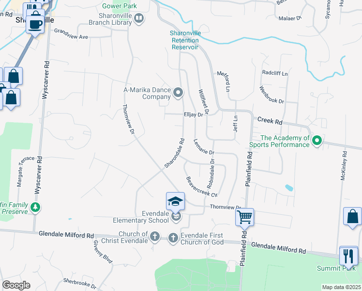 map of restaurants, bars, coffee shops, grocery stores, and more near 10723 Sharondale Road in Cincinnati