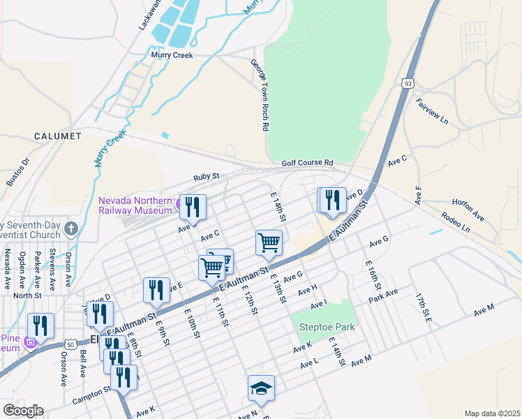 map of restaurants, bars, coffee shops, grocery stores, and more near 1325 Avenue C in Ely