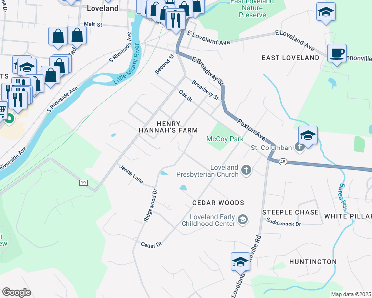 map of restaurants, bars, coffee shops, grocery stores, and more near 106 Walnut Street in Loveland
