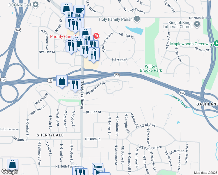 map of restaurants, bars, coffee shops, grocery stores, and more near 600 Northeast Windrose Court in Kansas City