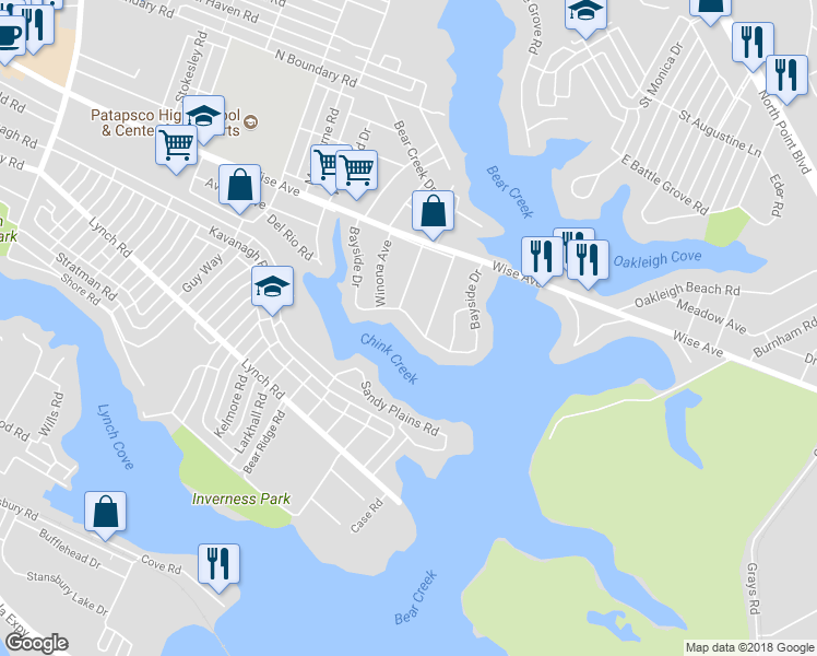 map of restaurants, bars, coffee shops, grocery stores, and more near 309 Bayside Drive in Dundalk