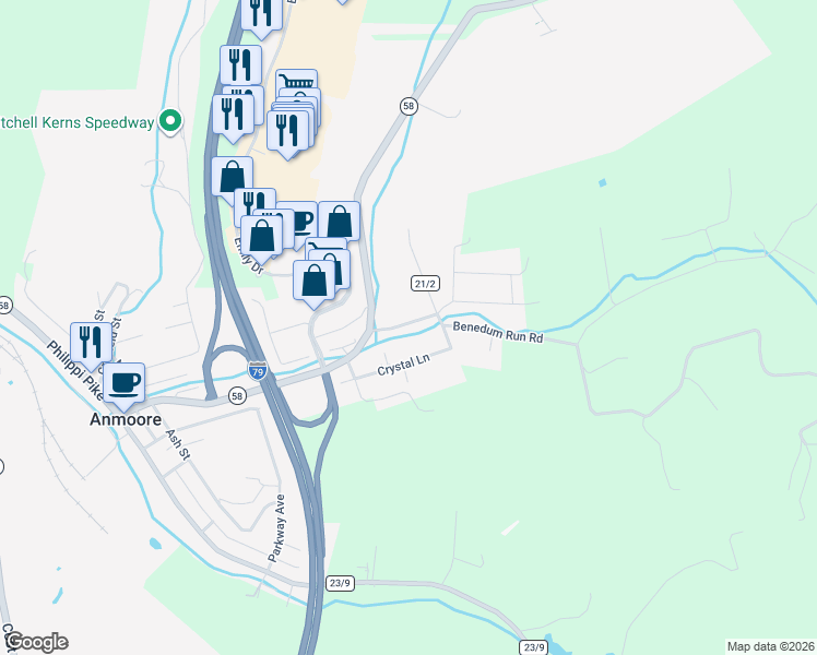 map of restaurants, bars, coffee shops, grocery stores, and more near 84 Benedum Run Road in Bridgeport
