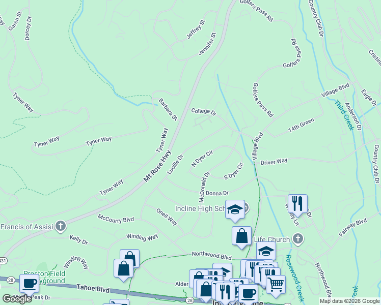 map of restaurants, bars, coffee shops, grocery stores, and more near 570 Lucille Dr in Incline Village