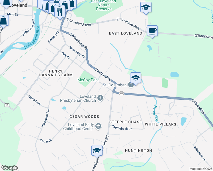 map of restaurants, bars, coffee shops, grocery stores, and more near 615 Oak Street in Loveland