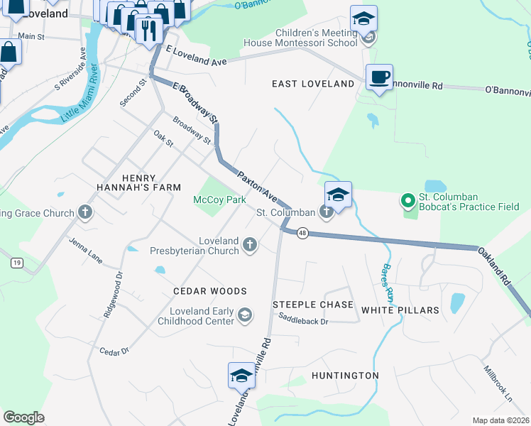 map of restaurants, bars, coffee shops, grocery stores, and more near 615 Oak Street in Loveland