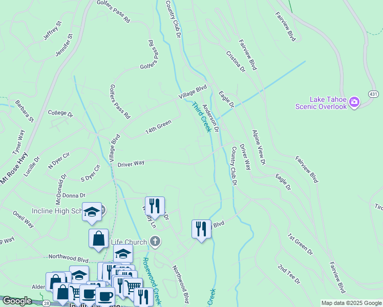 map of restaurants, bars, coffee shops, grocery stores, and more near 608 Caddie Court in Incline Village