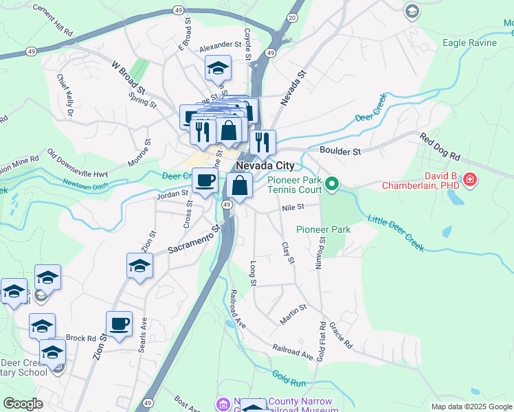 map of restaurants, bars, coffee shops, grocery stores, and more near 237 Adams Street in Nevada City