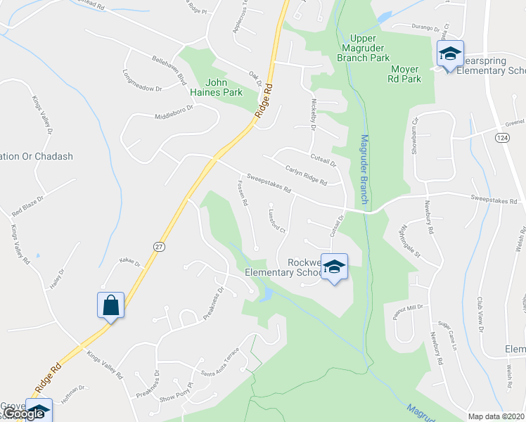 map of restaurants, bars, coffee shops, grocery stores, and more near 24624 Lunsford Court in Damascus