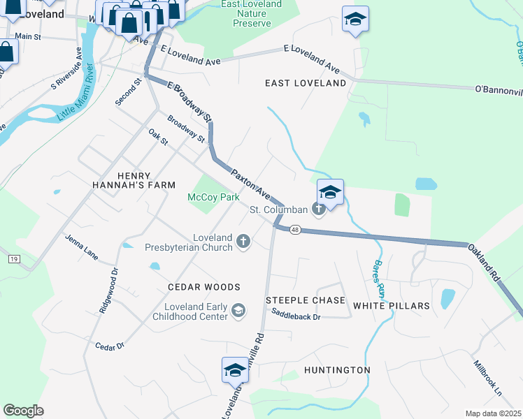 map of restaurants, bars, coffee shops, grocery stores, and more near 615 Oak Street in Loveland
