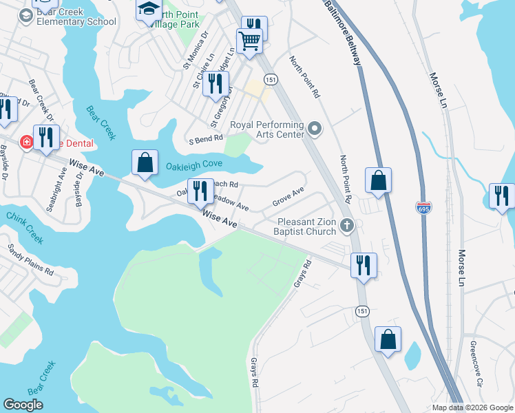 map of restaurants, bars, coffee shops, grocery stores, and more near 908 Meadow Avenue in Dundalk
