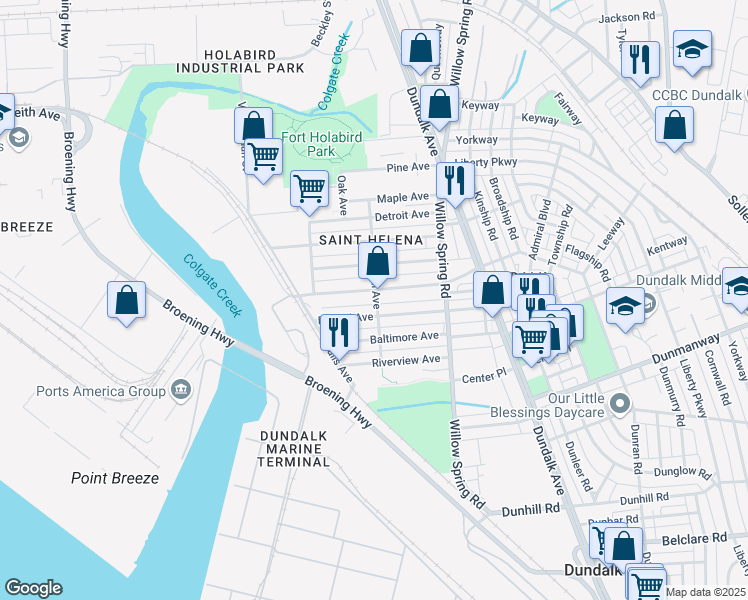 map of restaurants, bars, coffee shops, grocery stores, and more near 6589 Saint Helena Avenue in Baltimore