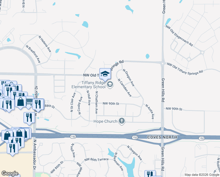 map of restaurants, bars, coffee shops, grocery stores, and more near 5301 Northwest Old Tiffany Springs Road in Kansas City