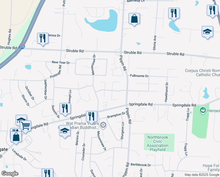 map of restaurants, bars, coffee shops, grocery stores, and more near 10261 Crestland Court in Cincinnati