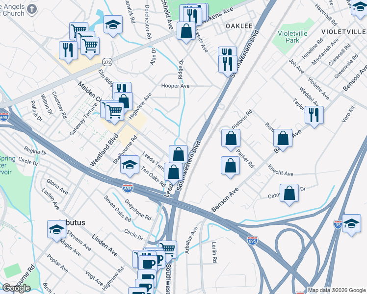 map of restaurants, bars, coffee shops, grocery stores, and more near 4602 Leeds Avenue in Baltimore