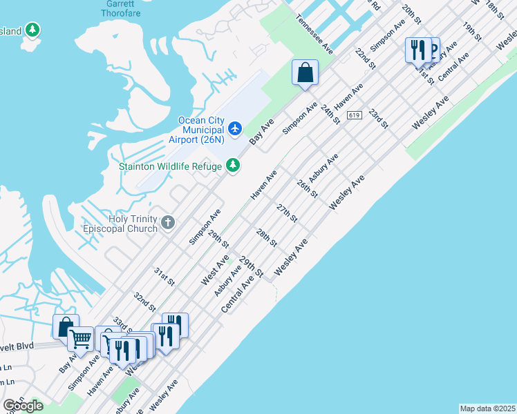 map of restaurants, bars, coffee shops, grocery stores, and more near 2736 West Avenue in Ocean City