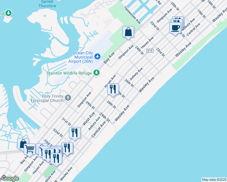map of restaurants, bars, coffee shops, grocery stores, and more near 2700 Asbury Avenue in Ocean City