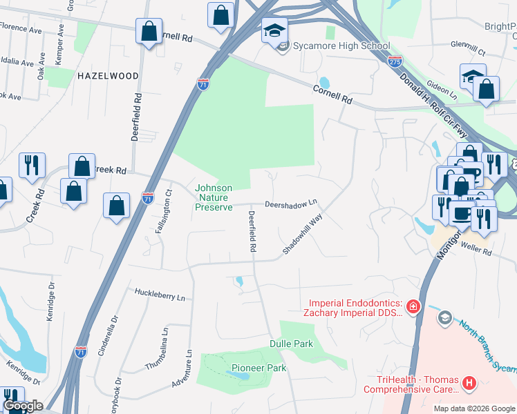 map of restaurants, bars, coffee shops, grocery stores, and more near 10760 Deerfield Road in Cincinnati