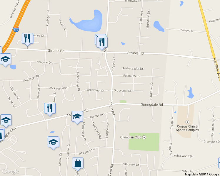 map of restaurants, bars, coffee shops, grocery stores, and more near 2744 Grosvenor Drive in Cincinnati
