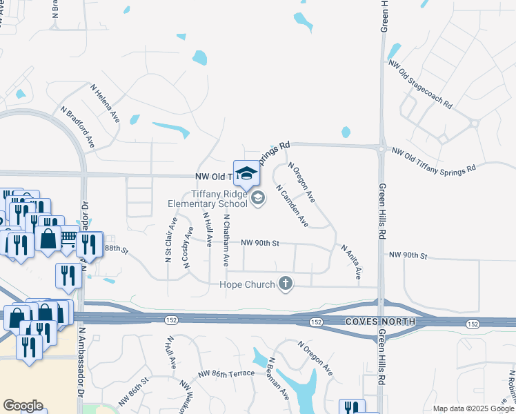 map of restaurants, bars, coffee shops, grocery stores, and more near 5301 Northwest Tiffany Springs Road in Kansas City