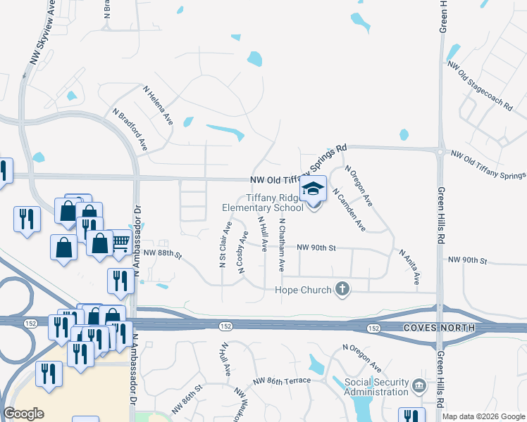 map of restaurants, bars, coffee shops, grocery stores, and more near 9028 North Chatham Avenue in Kansas City