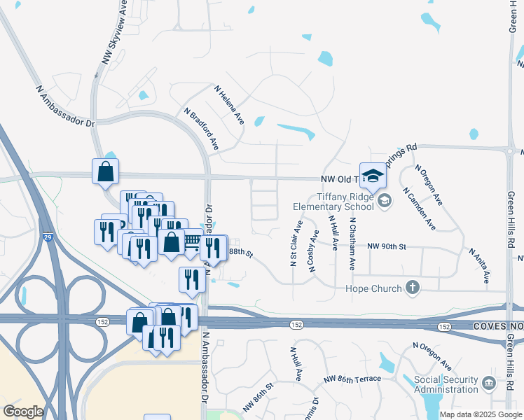 map of restaurants, bars, coffee shops, grocery stores, and more near 5914 Northwest 90th Terrace in Kansas City