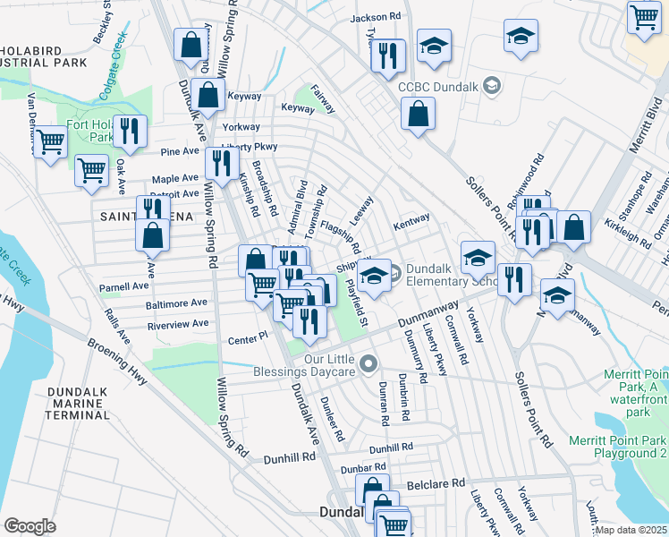 map of restaurants, bars, coffee shops, grocery stores, and more near 54 Shipway in Dundalk