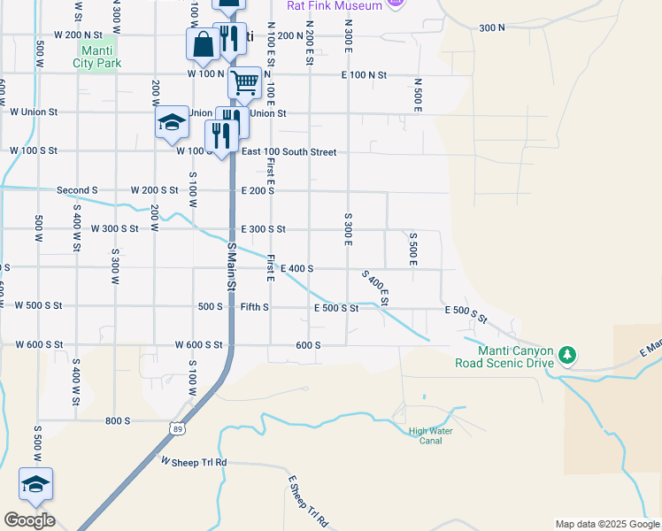 map of restaurants, bars, coffee shops, grocery stores, and more near 255 East 400 South in Manti