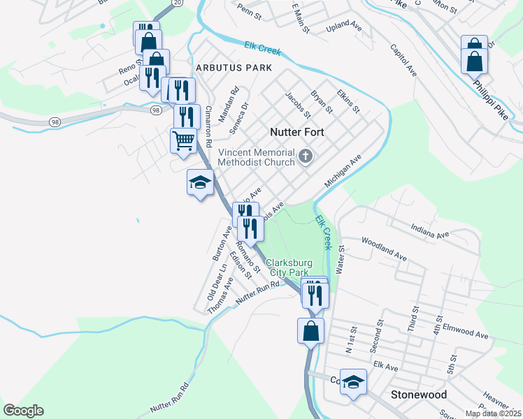 map of restaurants, bars, coffee shops, grocery stores, and more near Fort Street in Nutter Fort