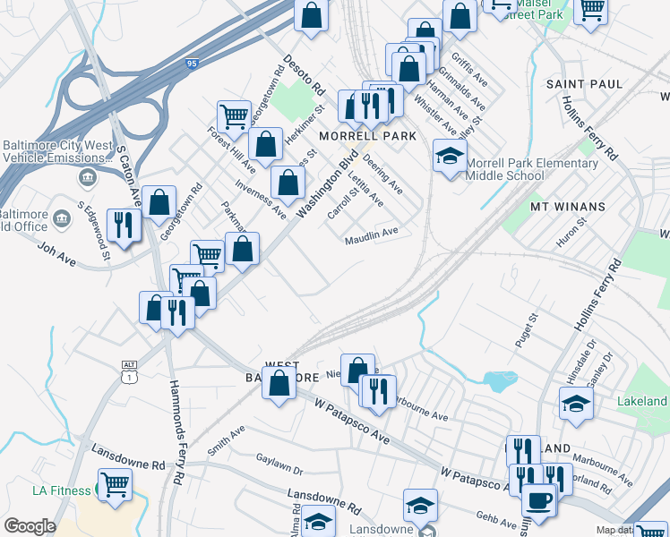 map of restaurants, bars, coffee shops, grocery stores, and more near 2031 Inverness Avenue in Baltimore