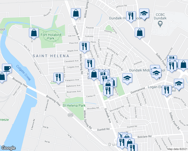 map of restaurants, bars, coffee shops, grocery stores, and more near Dundalk Ave & Southship Rd in Dundalk
