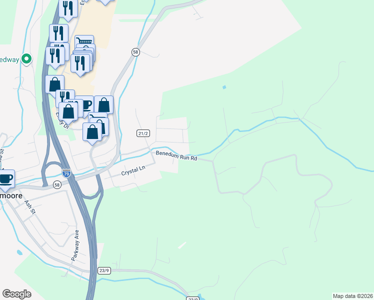 map of restaurants, bars, coffee shops, grocery stores, and more near 343 Benedum Run Road in Bridgeport