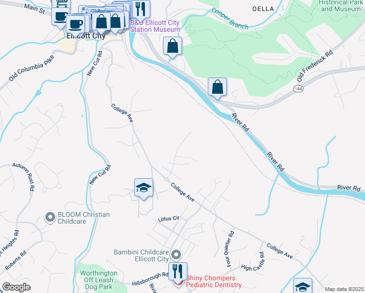 map of restaurants, bars, coffee shops, grocery stores, and more near 5042 Bending Sky Way in Ellicott City