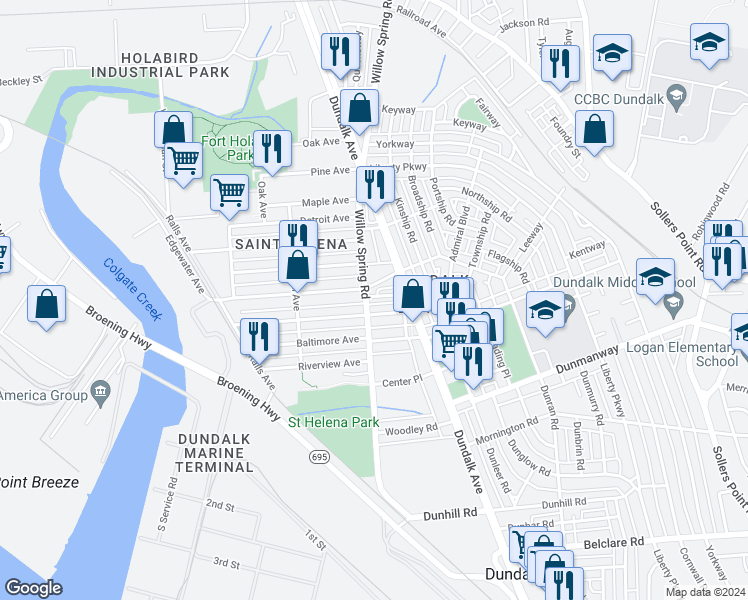 map of restaurants, bars, coffee shops, grocery stores, and more near 135 Ventnor Terrace in Dundalk