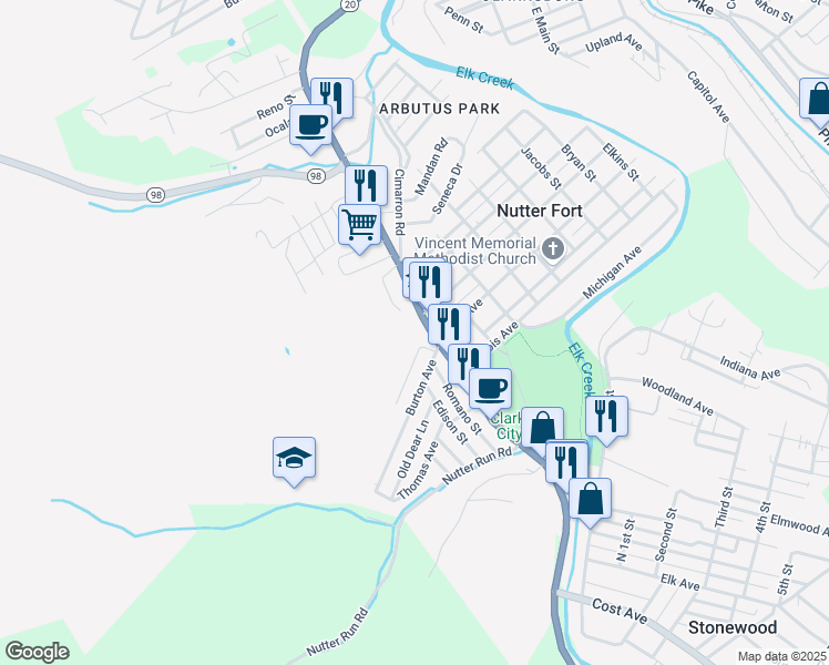 map of restaurants, bars, coffee shops, grocery stores, and more near 1302 Buckhannon Pike in Mount Clare