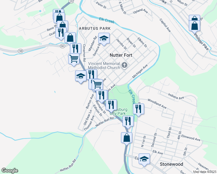 map of restaurants, bars, coffee shops, grocery stores, and more near Fort Street in Nutter Fort