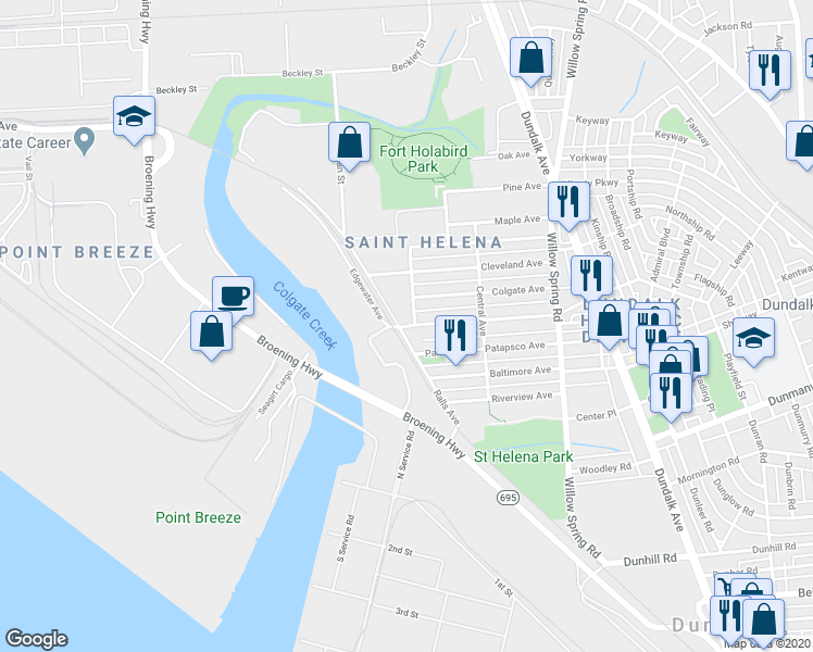 map of restaurants, bars, coffee shops, grocery stores, and more near 6591 St Helena Ave in Baltimore