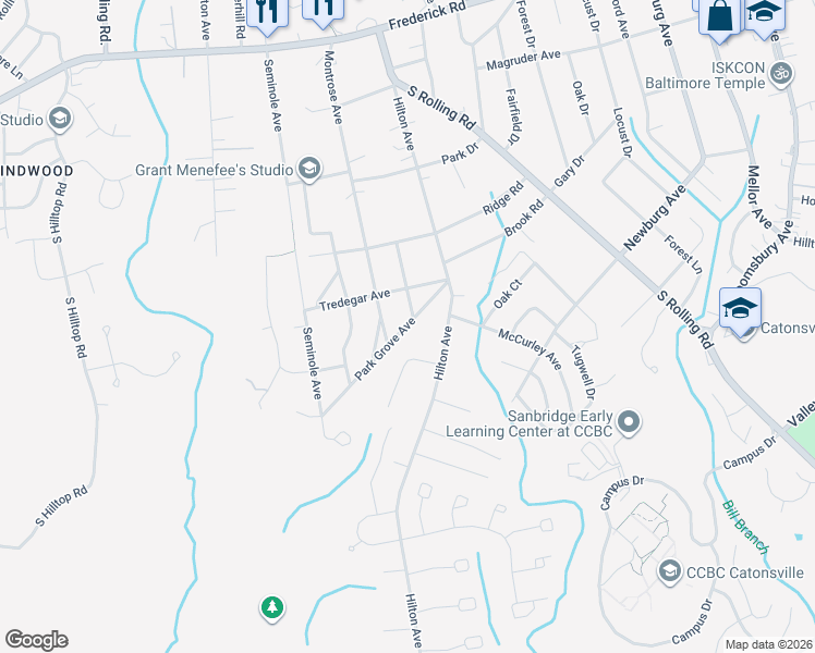 map of restaurants, bars, coffee shops, grocery stores, and more near 1519 Park Grove Avenue in Catonsville