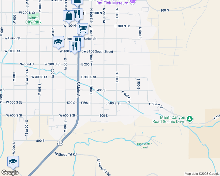 map of restaurants, bars, coffee shops, grocery stores, and more near 255 East 400 South in Manti
