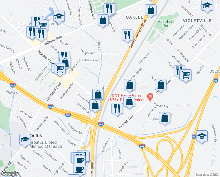map of restaurants, bars, coffee shops, grocery stores, and more near 4503 Leeds Ave in Baltimore